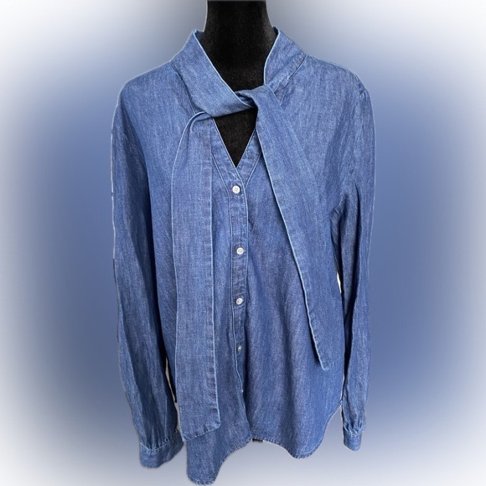 J. Crew Tie Collar Chambray/Denim Button Up Shirt - Size Large - NWOT